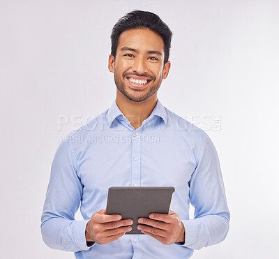 Buy stock photo Portrait, smile and business man with tablet in studio isolated on a white background. Ceo face, professional boss and happy Asian male entrepreneur from Singapore from with touchscreen technology.