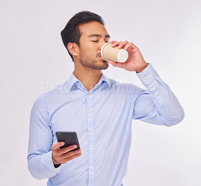 Buy stock photo Phone, drinking coffee and business man in studio isolated on a white background. Cellphone, tea break and male professional with smartphone for social media, web browsing or typing on mobile app.
