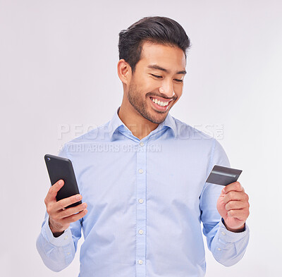 Buy stock photo Man with smartphone, credit card and smile for ecommerce, fintech and online shopping isolated on white background. Payment, internet banking and technology with bank app and happy male in studio
