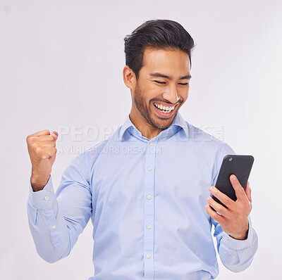 Buy stock photo Winner, celebration and business man with phone in studio isolated on a white background. Success, cellphone and happy male professional celebrating, bonus or winning prize, competition or lottery.