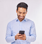 Smile, phone and business man typing in studio isolated on a white background. Cellphone, web networking and happy male professional with smartphone for reading, social media or mobile app online.