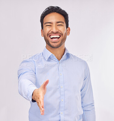 Buy stock photo Portrait, laughing and business man with handshake in studio isolated on white background. Intro, funny or happy Asian professional shaking hands for deal, partnership or welcome, agreement or hiring