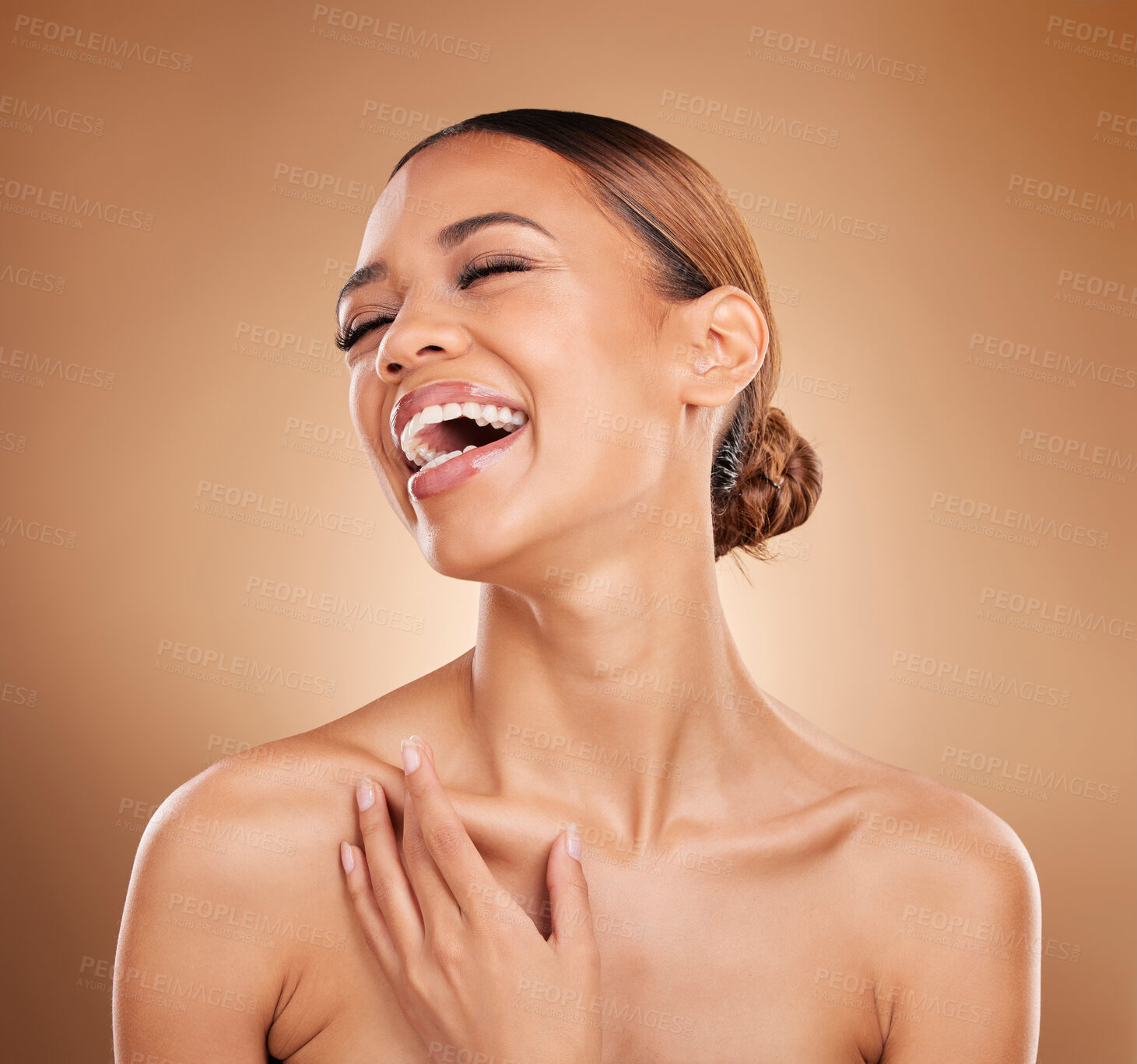 Buy stock photo Beauty, laughing and a woman happy with skin care glow and shine in studio on a brown background. Face of aesthetic female model satisfied with spa facial, dermatology cosmetics and wellness 