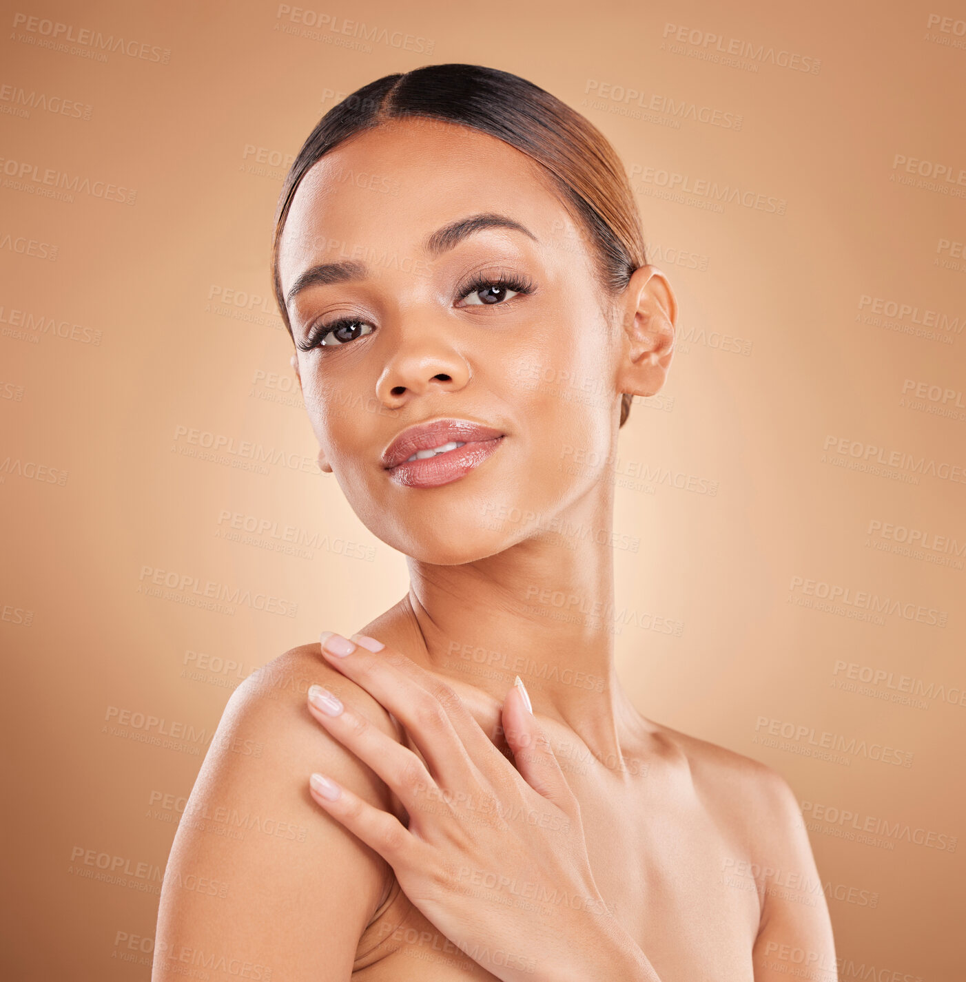 Buy stock photo Beauty, portrait and a woman face with skin care glow and shine in studio on a brown background. Aesthetic female model hand for spa facial, natural dermatology cosmetics and wellness results