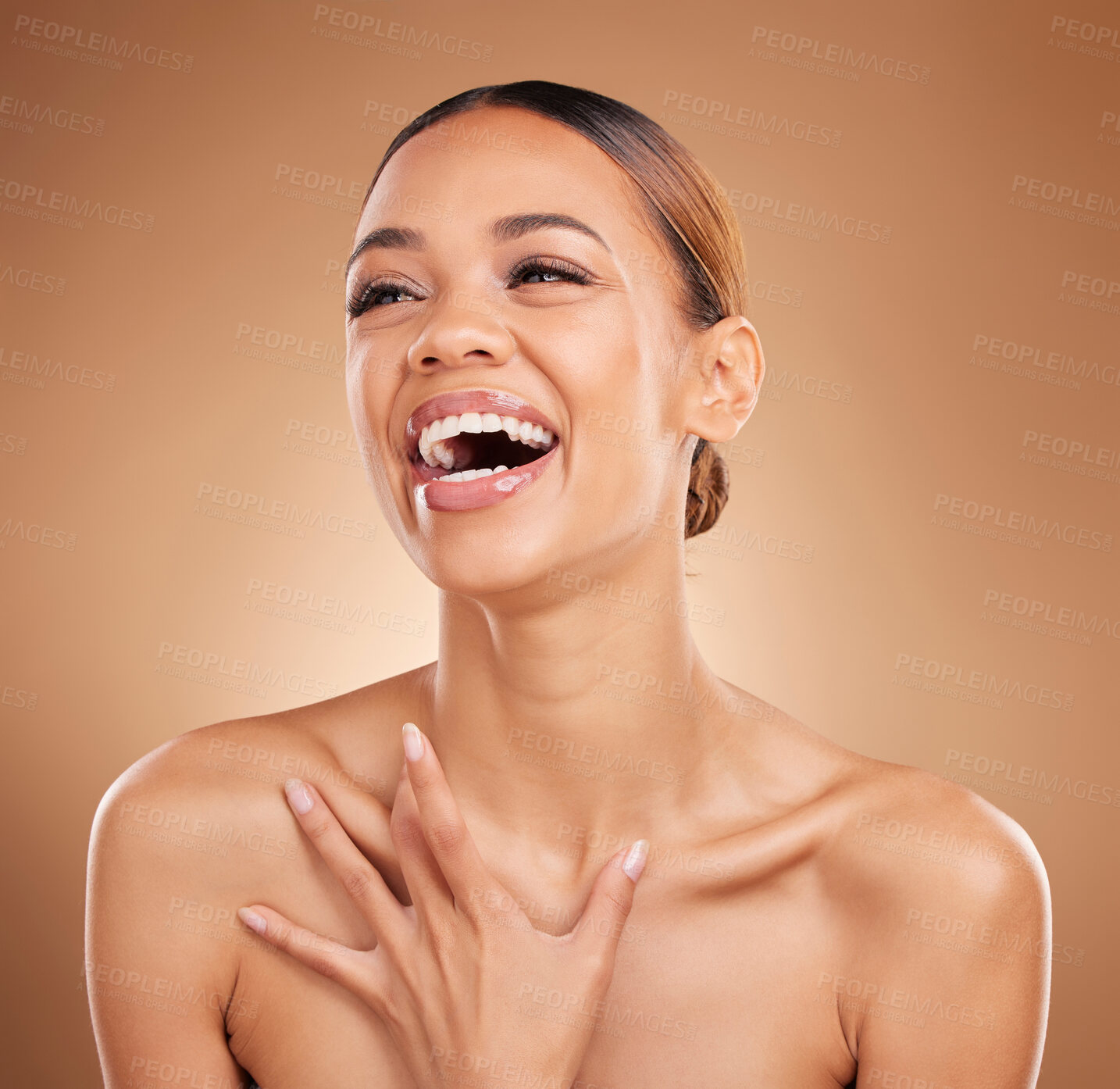 Buy stock photo Laughing, skincare or happy woman with beauty in studio smiling young model face on beige background. Dermatology self love, funny or excited beautiful girl with facial treatment or glowing results 