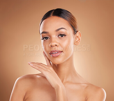 Buy stock photo Skincare portrait, natural beauty and woman with soft skin from facial and dermatology. Self care, isolated and studio background with young model feeling face texture after spa and cosmetic wellness