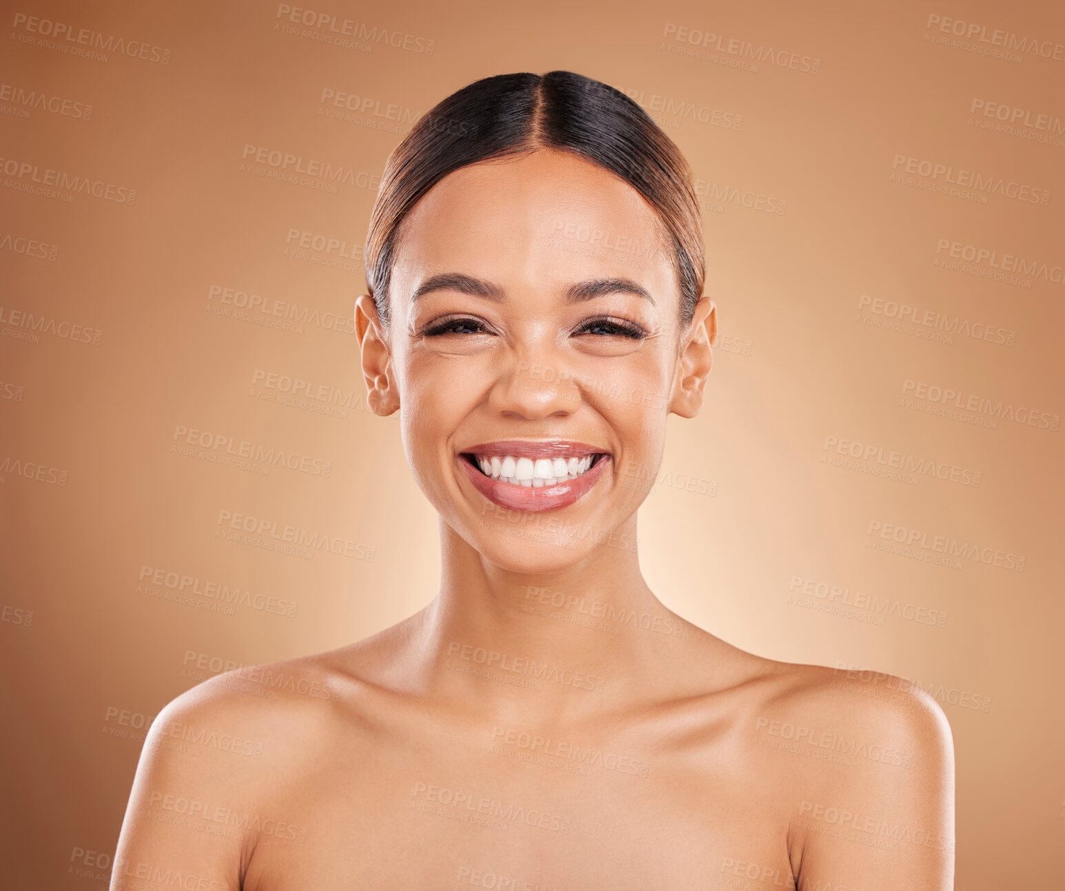Buy stock photo Smile, skincare portrait or happy woman with beauty or smiling young model face on studio background. Dermatology cosmetics, funny or excited beautiful girl with facial treatment or glowing results