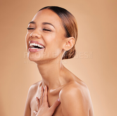 Buy stock photo Happy, beauty and a woman laughing for skin glow and shine in studio on a brown background. Face of aesthetic female model satisfied with spa facial, dermatology cosmetics and wellness with skincare