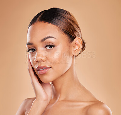 Buy stock photo Skincare, portrait or girl model with beauty in studio with youth or young face on beige background. Dermatology self love, natural makeup or beautiful woman with facial treatment or glowing results 