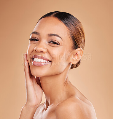 Buy stock photo Skincare smile, natural beauty portrait and woman with soft skin from facial and dermatology. Self care and studio background with a young model feeling face texture after spa and cosmetics treatment