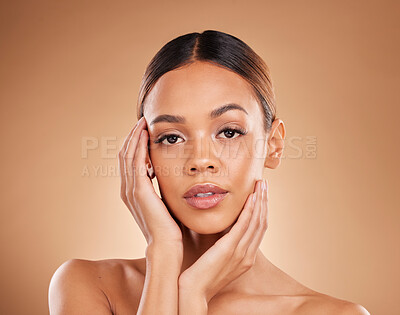 Buy stock photo Skincare, healthy beauty and portrait of a woman with natural skin from facial or dermatology. Self care, isolated on studio background with young model feeling face after spa and cosmetics treatment