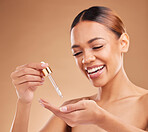 Beauty serum, happy or model woman in studio on beige background for facial skincare in studio. Face smile or natural girl smiling with essential oils or glowing luxury self care hydration product