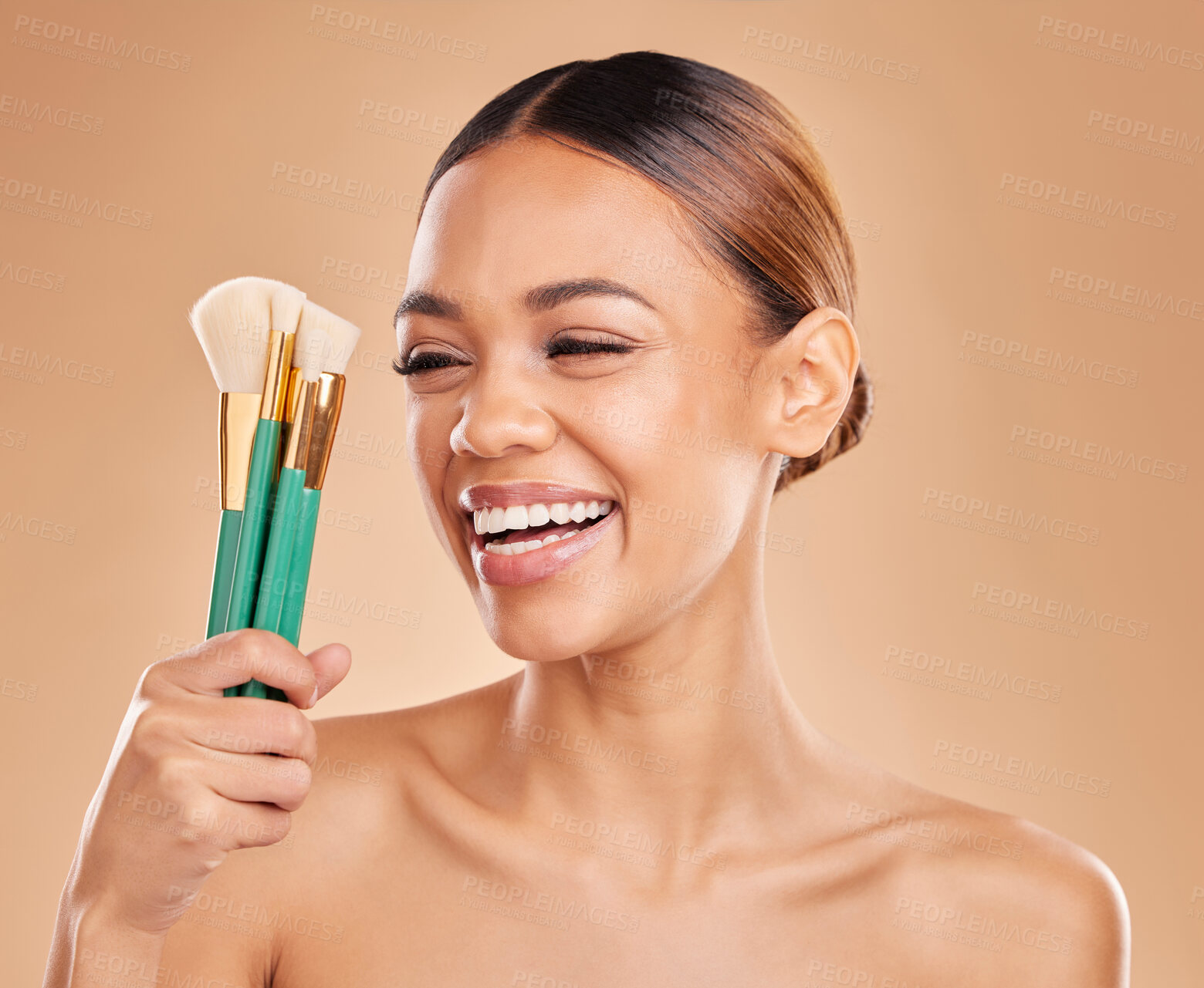 Buy stock photo Makeup brushes, portrait or happy woman laughing with facial products or self care on studio background. Face model, smile or funny girl smiling with beauty cosmetics or natural glowing skincare 