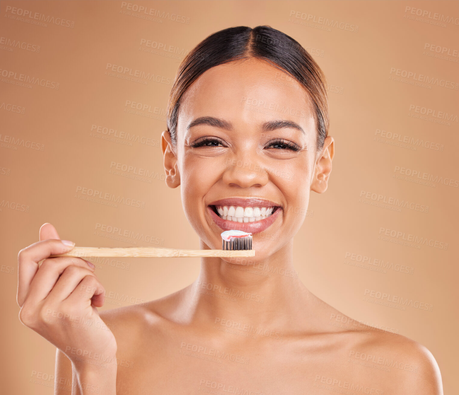 Buy stock photo Portrait, toothpaste or woman brushing teeth with product for healthy oral or dental hygiene in studio. Face, smile beauty or happy girl model cleaning mouth with a natural bamboo wooden toothbrush 