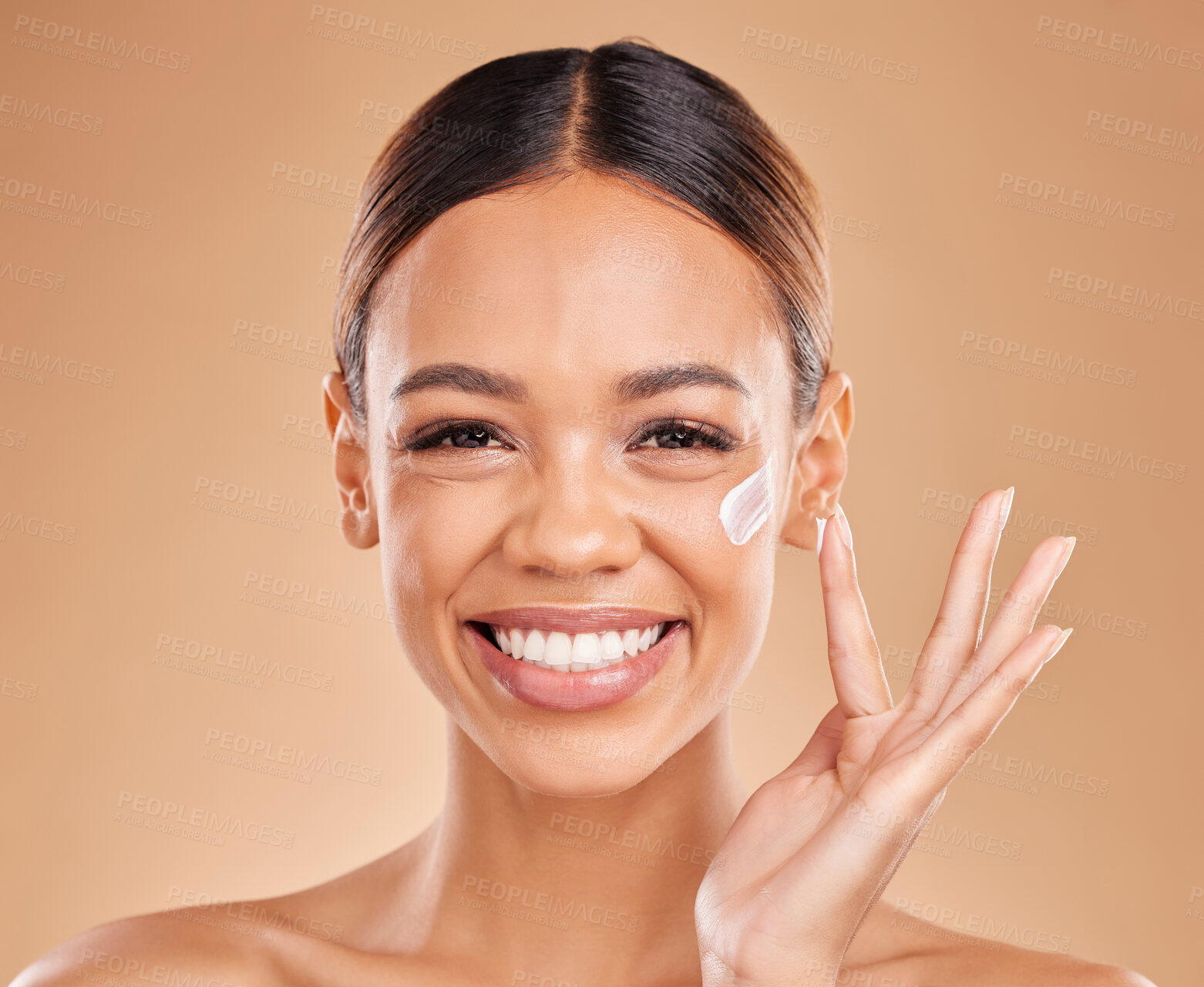 Buy stock photo Woman, skincare cream and smile in portrait with beauty, wellness or self care by studio background. Girl, model and happy with cosmetic skin product for natural glow, collagen or dermatology benefit