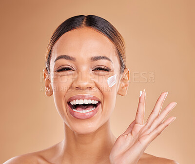 Buy stock photo Laughing, skincare portrait or happy woman with cream product for beauty or young face on studio background. Dermatology cosmetics, funny or beautiful girl with facial moisturizer or lotion for glow