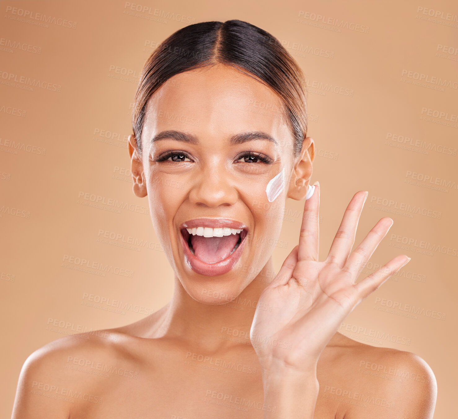 Buy stock photo Woman, skincare cream and excited in portrait for beauty, wellness or self care by studio background. Girl, model or happy with cosmetic skin product for natural glow, collagen or dermatology benefit
