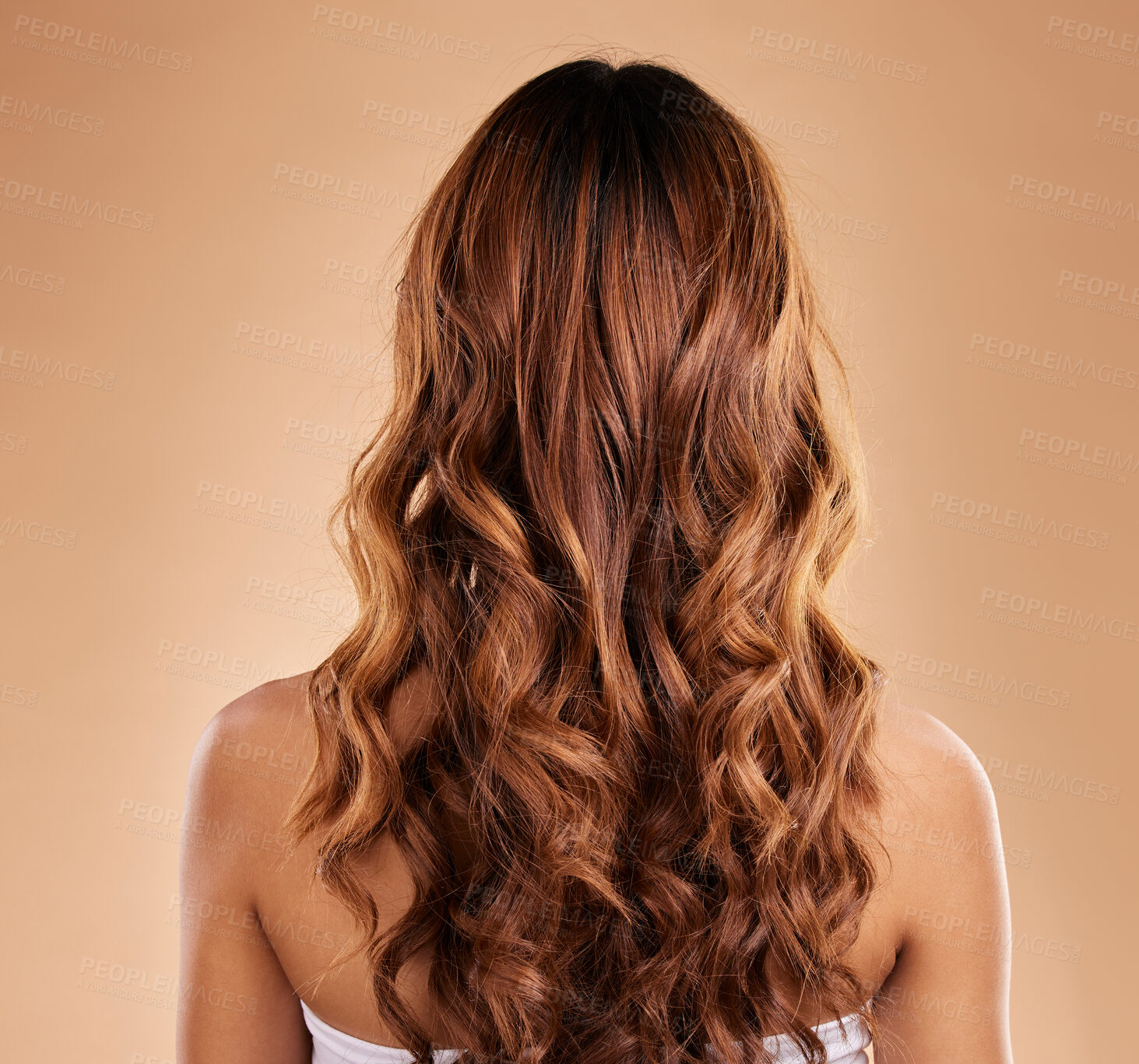 Buy stock photo Haircare, back and beauty of woman with curly hair in studio isolated on a brown background. Texture, growth and female model with salon treatment for hairstyle, balayage or extensions and highlights