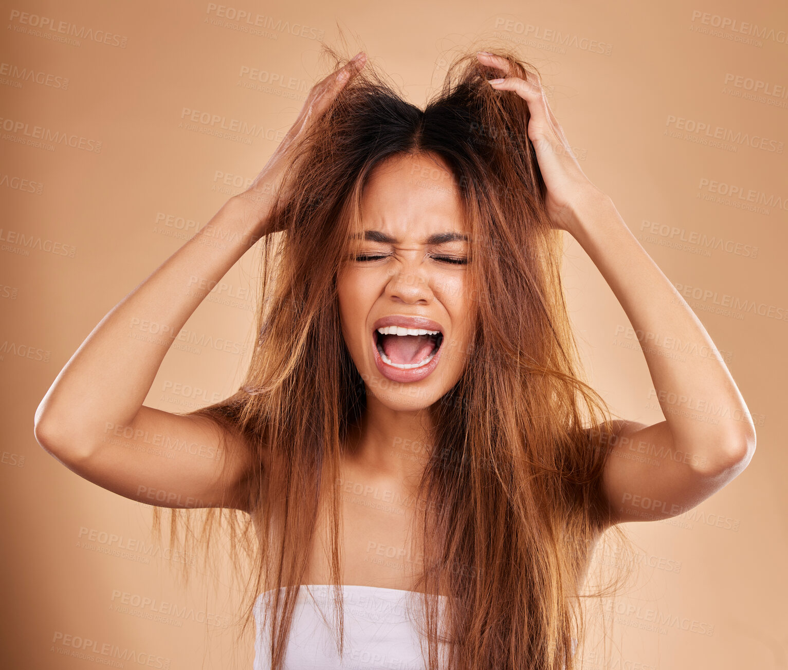 Buy stock photo Angry, screaming and woman with hair loss in studio isolated on a brown background. Haircare, damage and upset female model shouting after salon treatment fail, split ends or messy hairstyle problem.