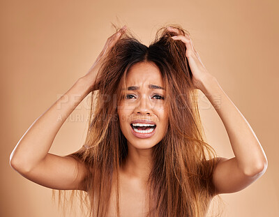 Buy stock photo Shocked, face portrait and woman with hair loss in studio isolated on a brown background. Haircare salon, damage and sad, depressed or frustrated female model with split ends and messy hairstyle.