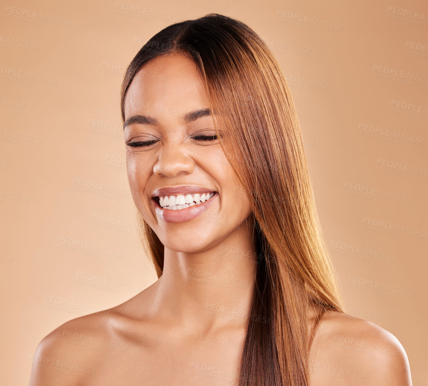 Buy stock photo Woman, beauty and hair care while laughing in studio for growth and shine shampoo on a brown background. Aesthetic female happy for natural keratin treatment and wellness with skincare and haircare