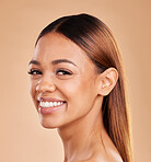 Woman, beauty and hair care portrait with a smile for growth and shine shampoo on a brown background. Aesthetic female happy in studio for natural keratin treatment and wellness with skincare