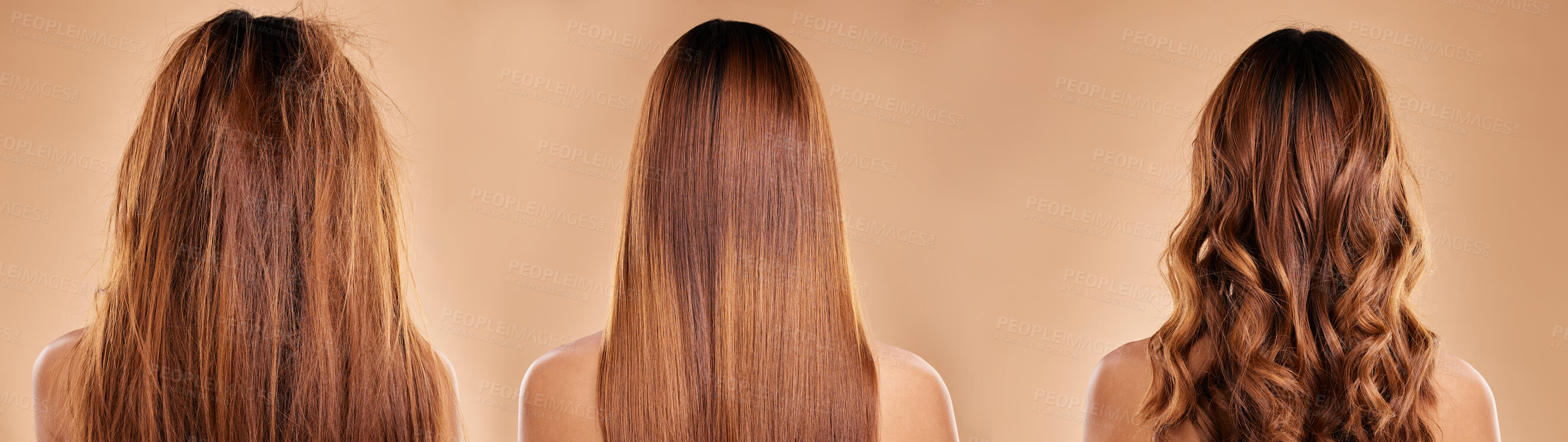 Buy stock photo Hair care, beauty and back of a woman in studio with healthy, clean and curly hairstyle transformation. Wellness, salon and female model with botox, brazilian or keratin treatment by brown background