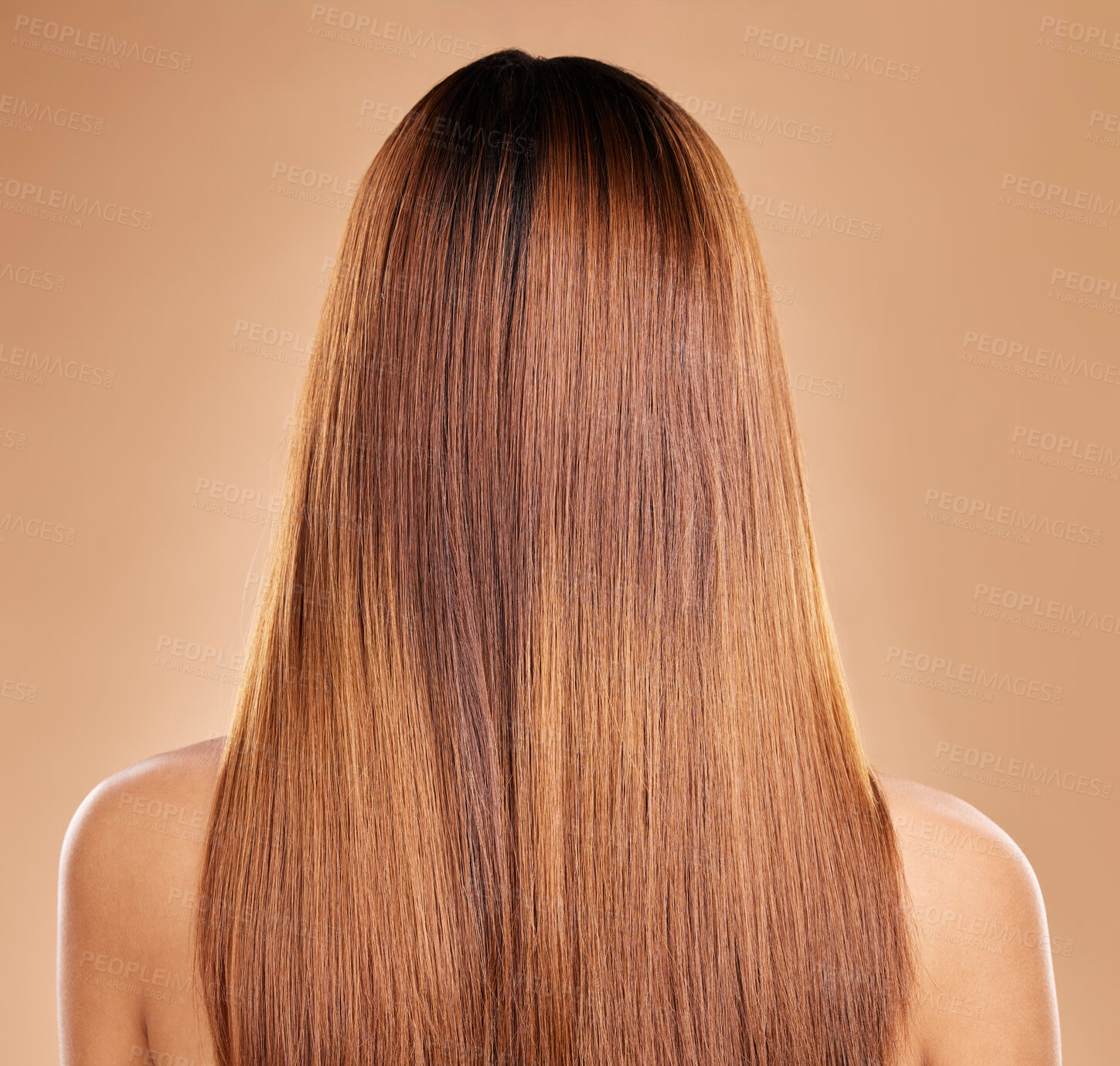 Buy stock photo Haircare, beauty and back of woman with straight hair in studio isolated on brown background. Balayage, wellness and female model with salon treatment for growth, keratin texture or healthy hairstyle
