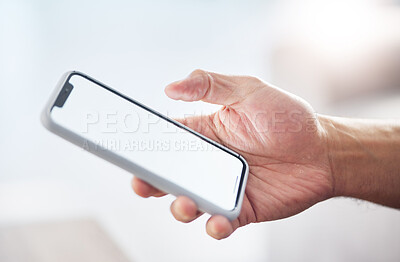 Buy stock photo Hands, phone and mockup screen for communication, advertising or digital marketing and networking. Hand holding smartphone with copy space display for mobile app, logo branding or advertisement