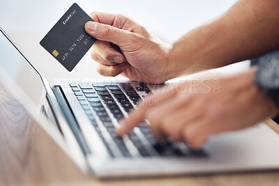 Buy stock photo Hands, laptop and credit card for ecommerce, online shopping or electronic purchase on wooden desk. Hand of shopper working on computer for internet banking, app or wireless transaction on table