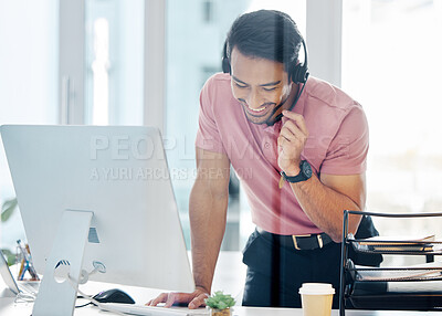 Buy stock photo Happy asian man, call center and headphones by computer for consulting, customer service or support at office desk. Friendly male consultant agent smile with headset mic by PC in telemarketing advice
