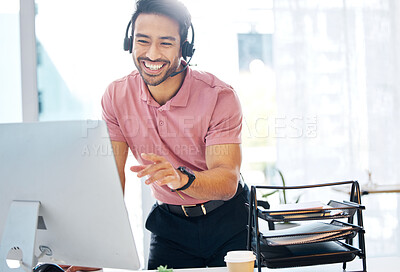 Buy stock photo Asian man, call center and consulting with headphones on computer for customer service or desktop support at office. Happy male consultant agent talking with headset on PC for telemarketing or advice