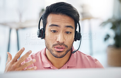 Buy stock photo Asian man, call center and consulting with headphones on computer for customer service, help or support at office. Male consultant agent talking with headset on PC for telemarketing or online advice