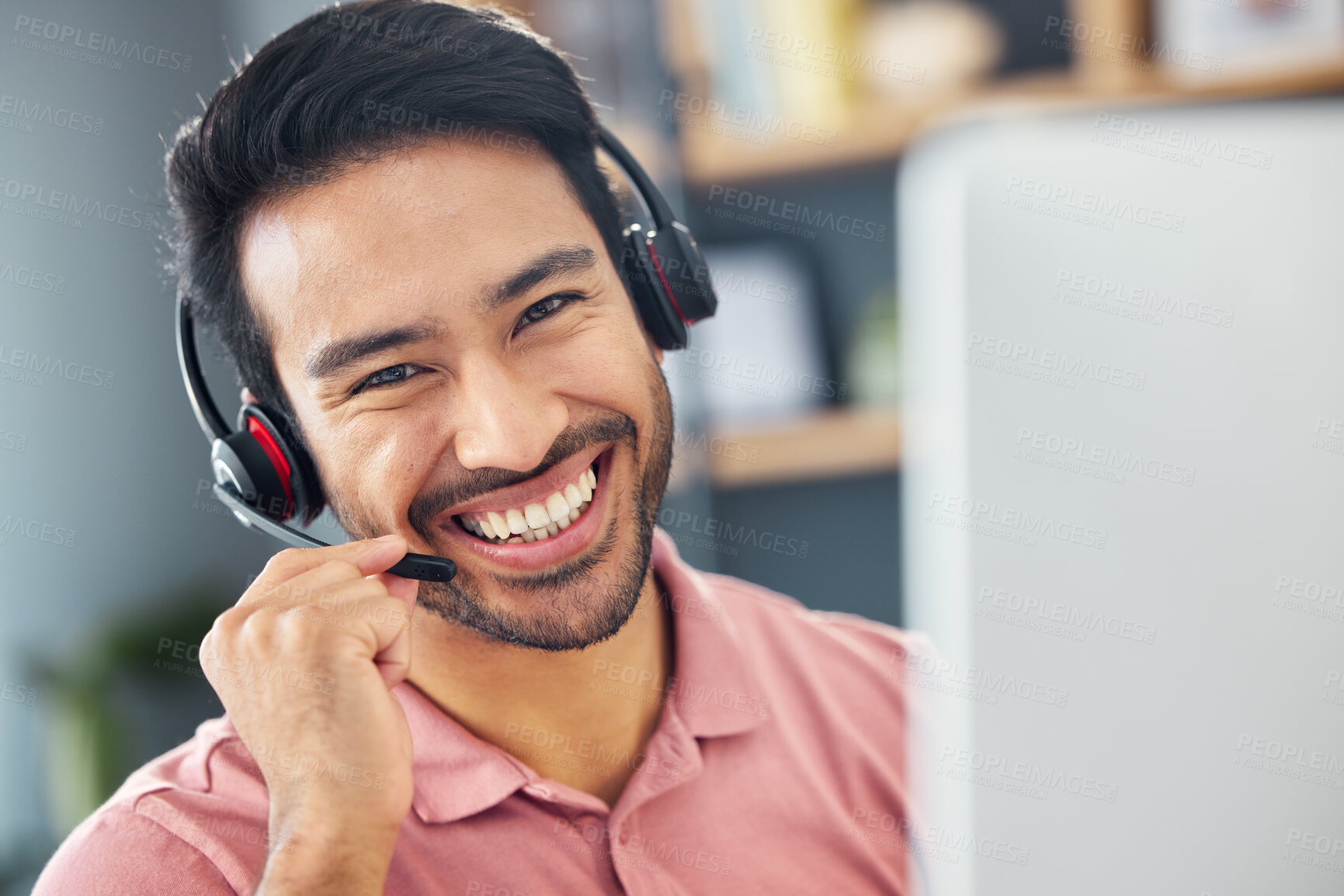 Buy stock photo Smile, consulting and portrait of an Asian man in a call center for online communication. Happy, contact us and a customer service agent working in telemarketing, talking and working in support