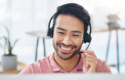 Buy stock photo Asian man, call center and smile with headset mic on computer for consulting, customer service or support at office. Happy male consultant with headphones by PC for telemarketing or online advice