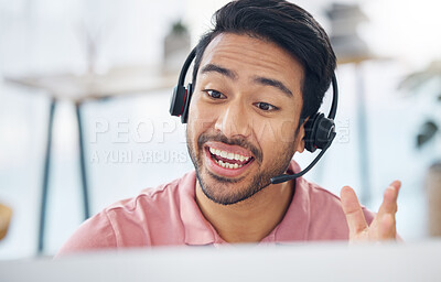 Buy stock photo Asian man, call center and consulting with headset on computer for customer service, help or support at office. Male consultant agent talking with headphones on PC for telemarketing or online advice