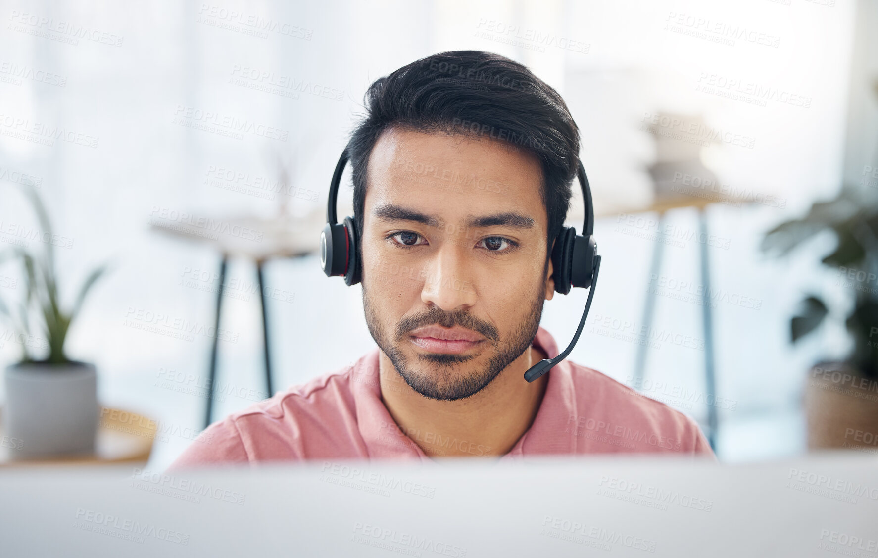 Buy stock photo Serious asian man, call center and headset on computer for consulting, customer service or support at office. Focused male consultant with headphones by desktop PC for telemarketing or online advice