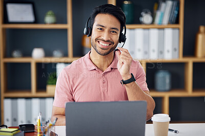 Buy stock photo Asian man, call center and portrait smile on laptop for consulting, customer service or support at office desk. Happy male consultant with headphones by computer for telemarketing or online advice