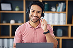 Asian man, call center and portrait smile on laptop for consulting, customer service or support at office. Happy male consultant with headphones by computer for telemarketing, help or online advice
