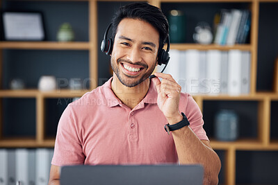 Buy stock photo Asian man, call center and portrait smile on laptop for consulting, customer service or support at office. Happy male consultant with headphones by computer for telemarketing, help or online advice