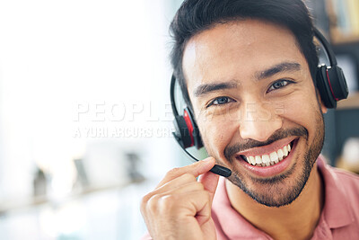 Buy stock photo Asian man, call center and face with smile and headset mic for consulting, customer service or support at office. Portrait of happy male consultant with headphones for telemarketing advice on mockup