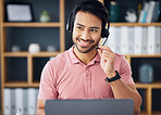 Asian man, call center and headset mic on laptop with smile for consulting, customer service or support at office. Happy male consultant with headphones by computer for telemarketing or online advice