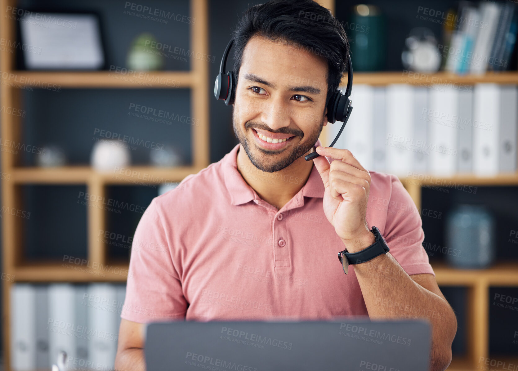 Buy stock photo Asian man, call center and headset mic on laptop with smile for consulting, customer service or support at office. Happy male consultant with headphones by computer for telemarketing or online advice