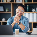 Asian man, portrait smile and laptop of financial advisor in small business or networking at office desk. Portrait of male analyst in finance or digital marketing and advertising smiling for startup