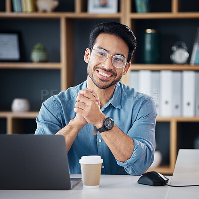 Buy stock photo Asian man, portrait smile and financial advisor in small business or networking at office desk. Portrait of creative male analyst in finance, management or economics smiling for startup at workplace