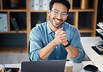 Asian man, portrait smile and laptop in small business finance or networking at office desk. Portrait of male analyst, financial advisor or digital marketing and advertising smiling for startup
