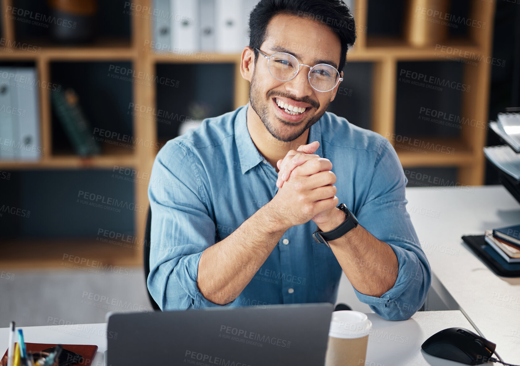 Buy stock photo Asian man, portrait smile and small business finance or networking at office desk. Portrait of happy male analyst, financial advisor or accountant smiling in management for startup at workplace