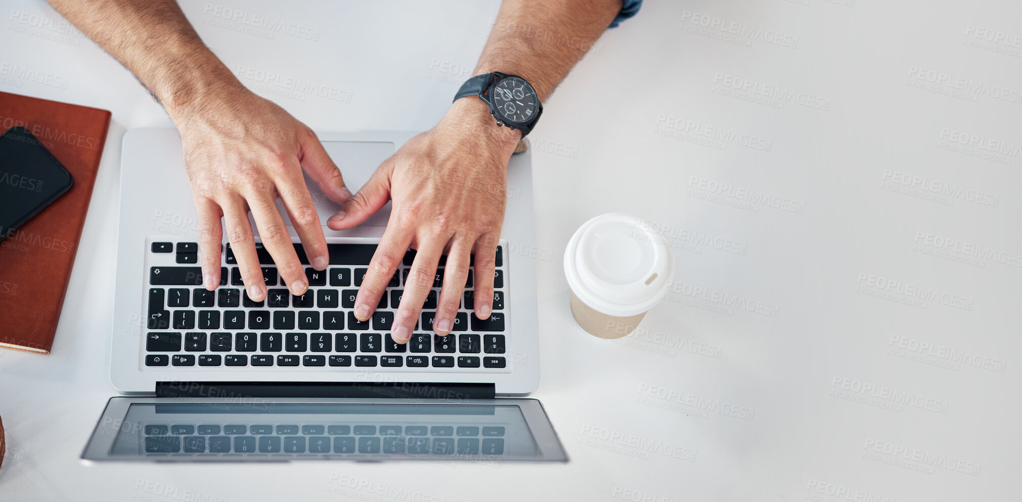 Buy stock photo Above, keyboard and laptop by hands of man typing, email or creative article at a desk. Top view, writer and male business influencer online for blog, financial and advice, freelance and remote work
