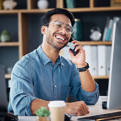 Buy stock photo Business man, phone call and laughing at computer, office desk or conversation with smile. Happy worker, cellphone and communication for management, mobile networking or smartphone contact technology
