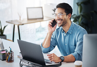Phone call, founder and business man laughing and happy on mobile conversation as communication in company office. Laptop, cellphone and excited startup entrepreneur in discussion and networking